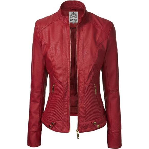 Womens Faux Leather Zip Up Jacket Red - Picture 3 of 6